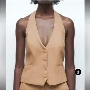 Jason Wu Halter V Neck Button Up Sleeveless Vest Camel Tan XS